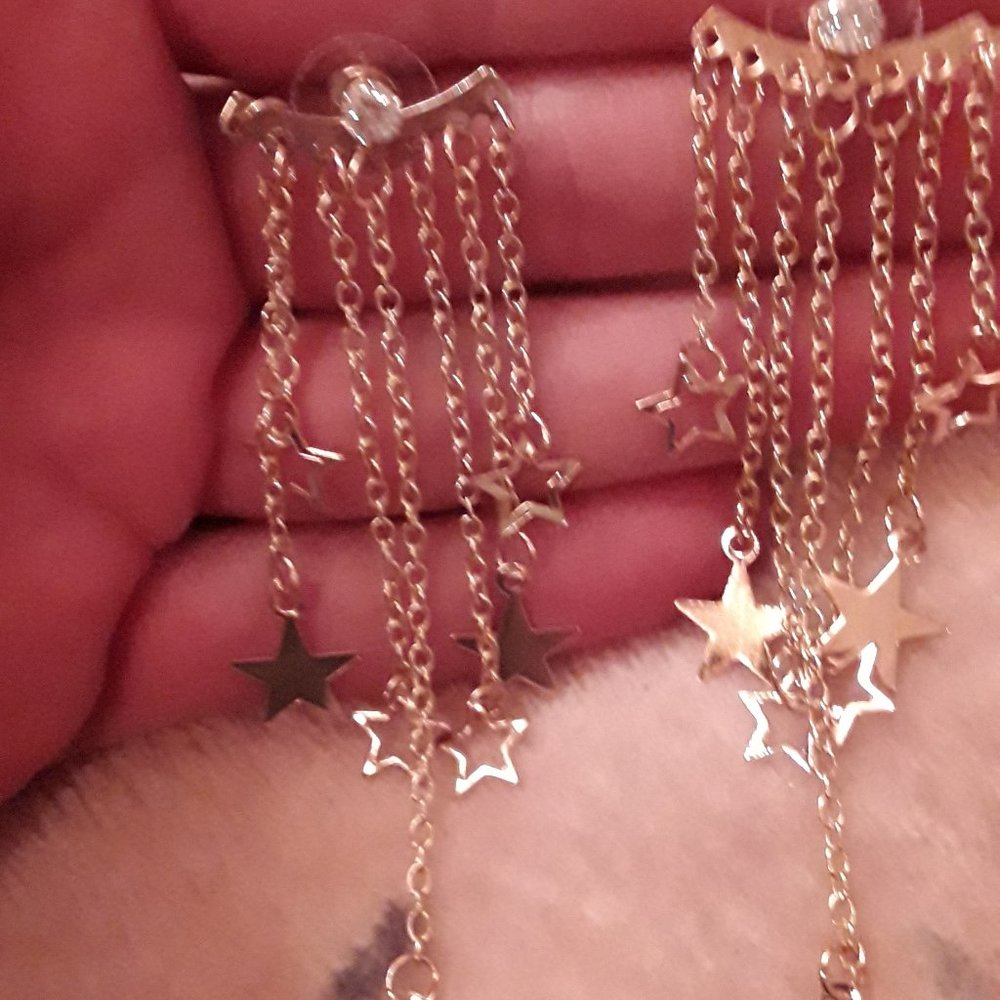 Gold Tone Celestial Stars Dangle Earrings